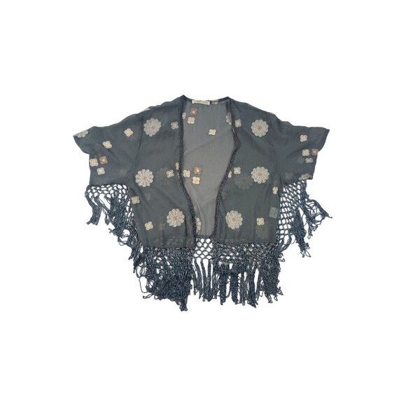 Hagel Sz L Gray Chiffon Open Front Cover Up Top Floral Kimono Tasseled - Picture 1 of 12